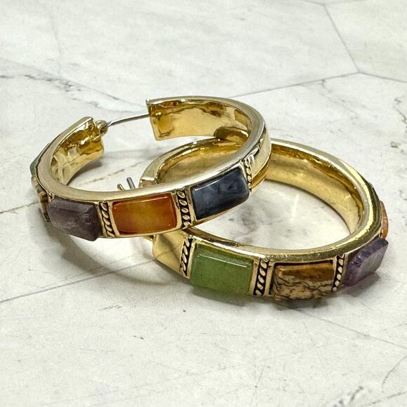 Monet Jewelry - Vintage Monet Earrings Inlaid Glass Stones Gold Tone Hoops 1.25" Colorful EUC
